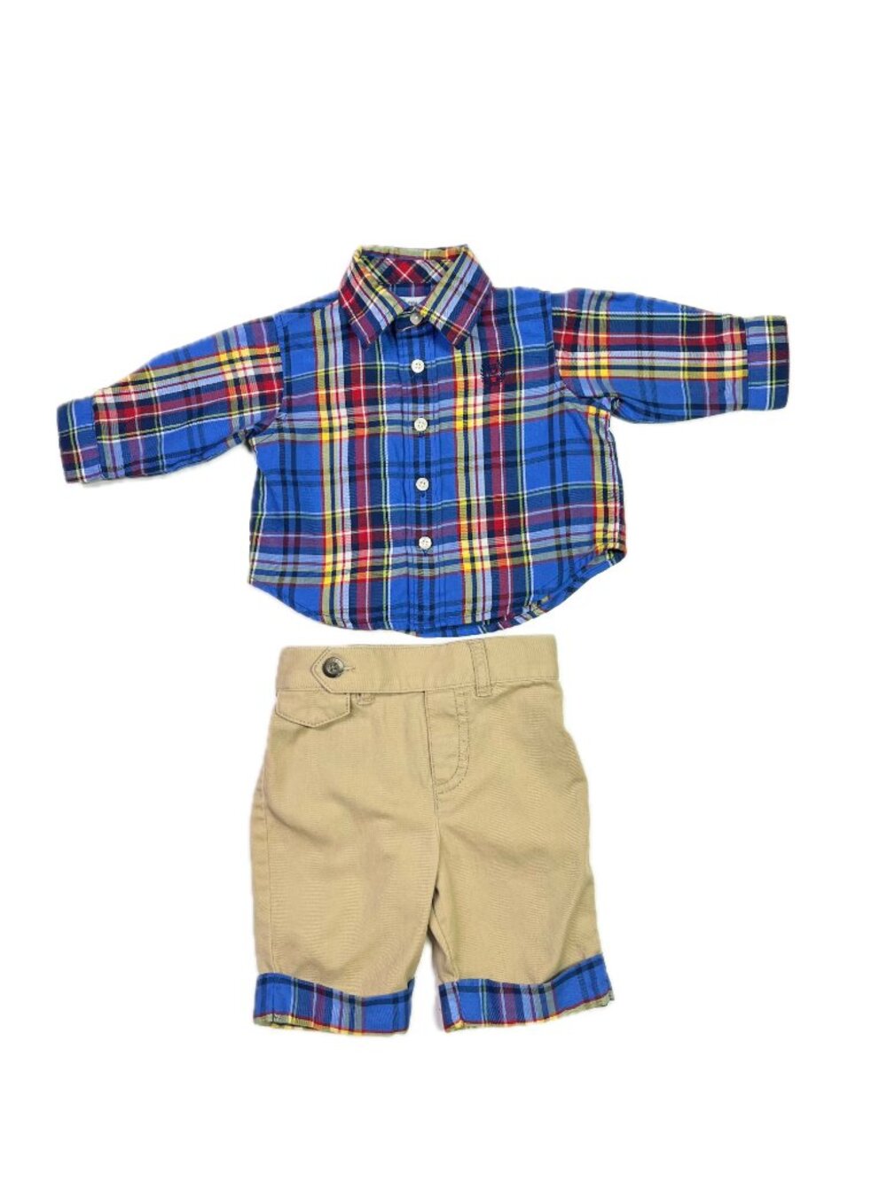 Chaps Baby Size Newborn Outfit Plaid Shirt Khaki Pants Blue